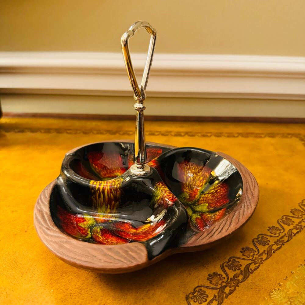 VINTAGE USA 618 SEQUOIA Ware Glazed Pottery 3 Section Nut Candy Dish w Handle